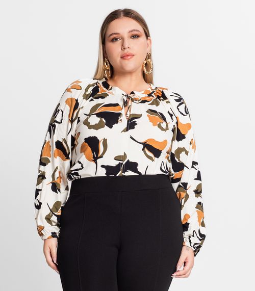 Blusa Estampada Manga Longa Plus Size Secret Glam Bege