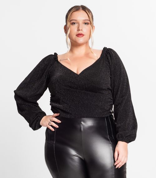 Blusa Manga Longa Feminina Plus Size Secret Glam Preto