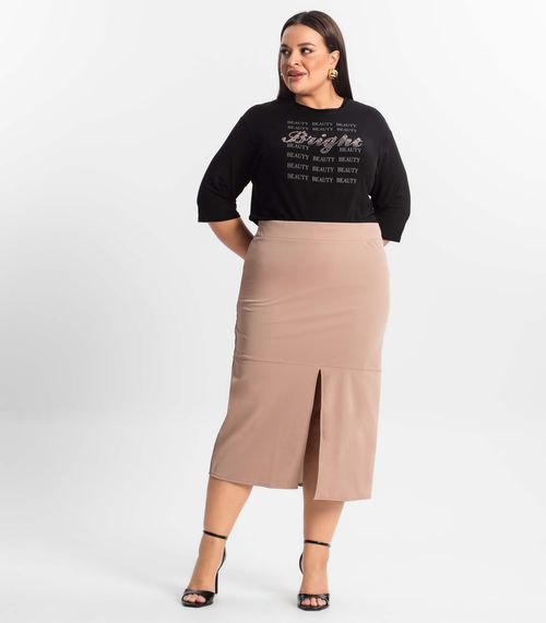 Saia Midi Plus Size Com Fenda Secret Glam Marrom