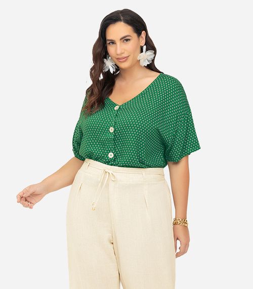 Camisa Feminina Plus Size Estampada Secret Glam Verde