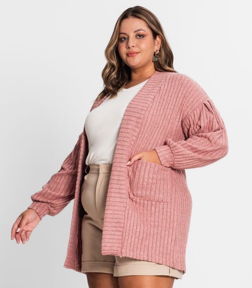 Cardigan Plus Size Em Canelado Tricot Secret Glam Rosa