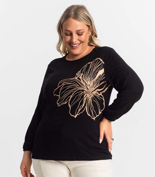Blusa Feminina Plus Size Manga 7/8 Secret Glam Preto