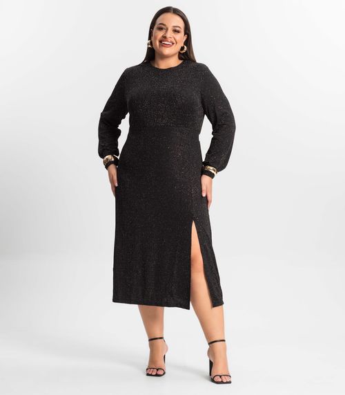 Vestido Midi Plus Size Manga Longa Secret Glam Preto