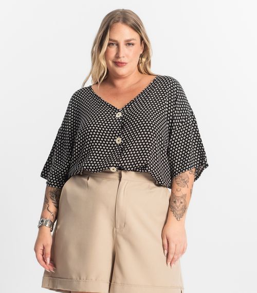 Camisa Feminina Plus Size Estampada Secret Glam Preto