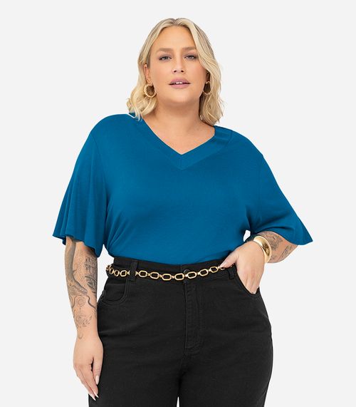 Blusa Visco Tricot Plus Size Secret Glam Azul