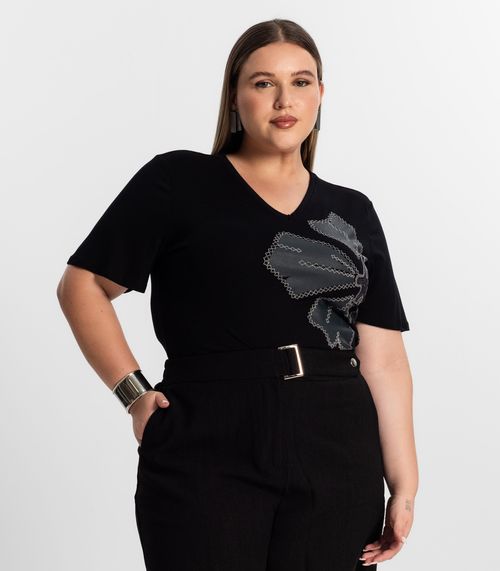 Blusa Feminina Plus Size Manga Evasê Secret Glam Preto
