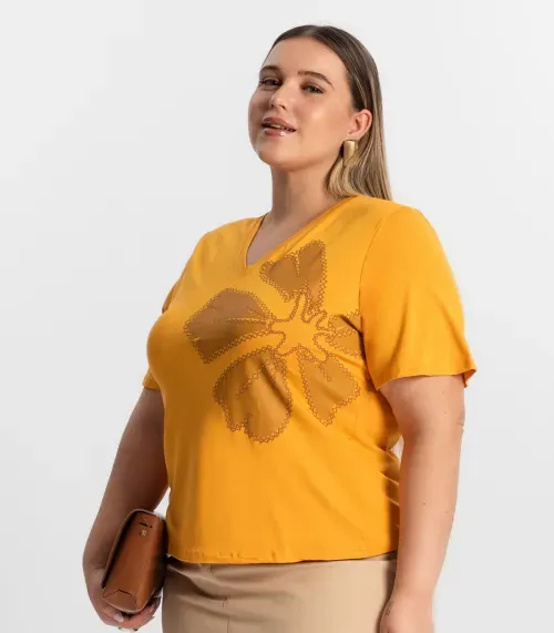 Blusa Feminina Plus Size Manga Evasê Secret Glam Amarelo