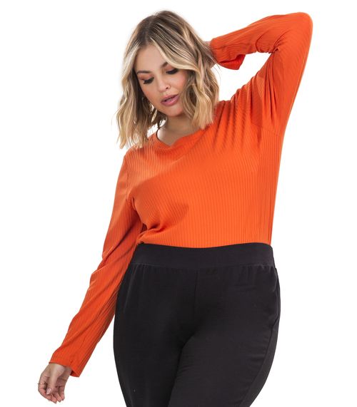 Blusa Manga Longa Ribana Canelada Secret Glam Laranja