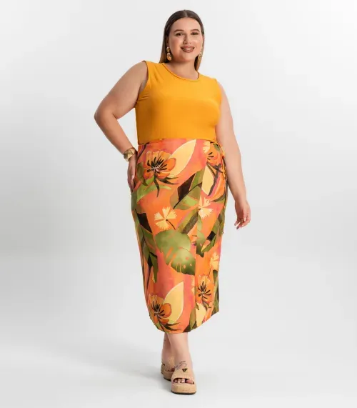 Saia Midi Plus Size Secret Glam Laranja