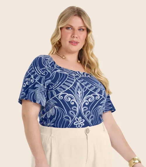 Blusa Manga Curta Plus Size Secret Glam Azul