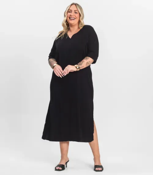 Vestido Manga Curta em Viscose Secret Glam Preto