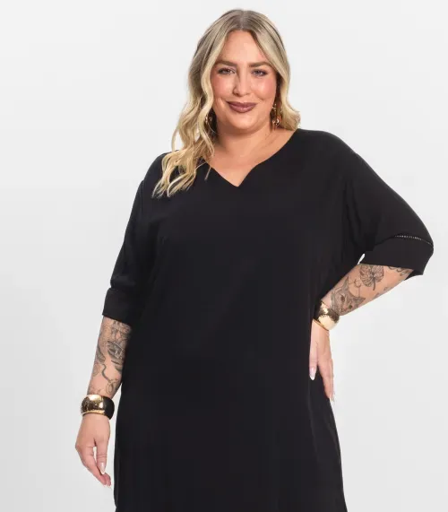 Vestido Manga Curta em Viscose Secret Glam Preto