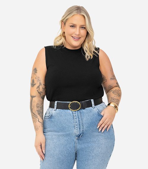 Regata Plus Size Em Ribana Canelada Secret Glam Preto