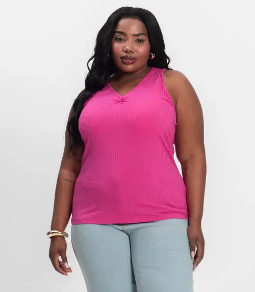 Regata Plus Size Em Ribana Canelada Secret Glam Rosa