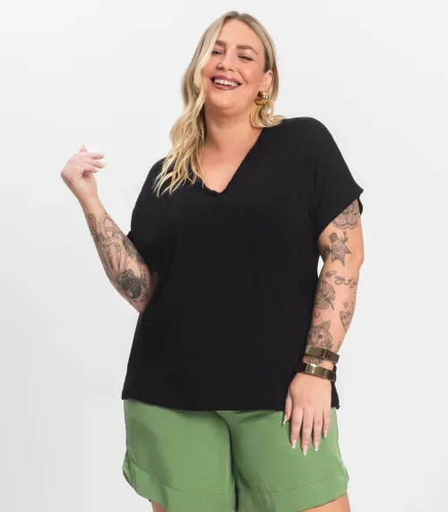 Blusa Manga Curta em Viscotorcion Secret Glam Preto